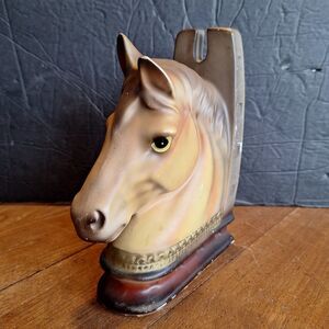 Vintage Ceramic Horse Head Bookend Decor w/Horseshoe Japan